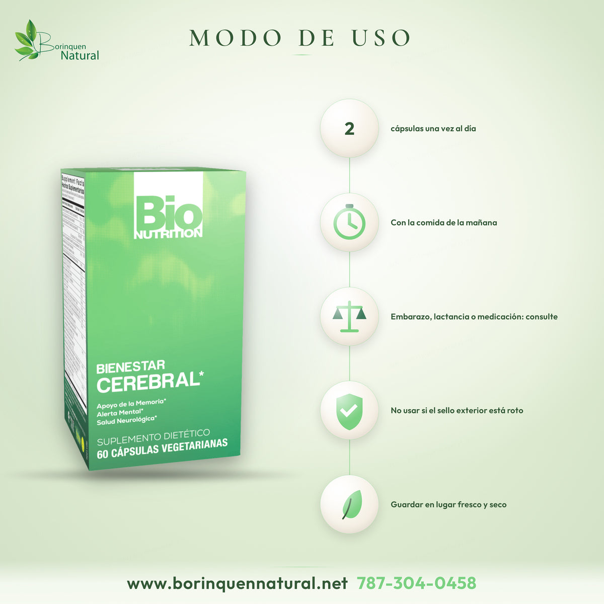 Modo de uso del Brain Wellness de Bio Nutrition: 2 cápsulas vegetarianas una vez al día, preferiblemente con la comida de la mañana