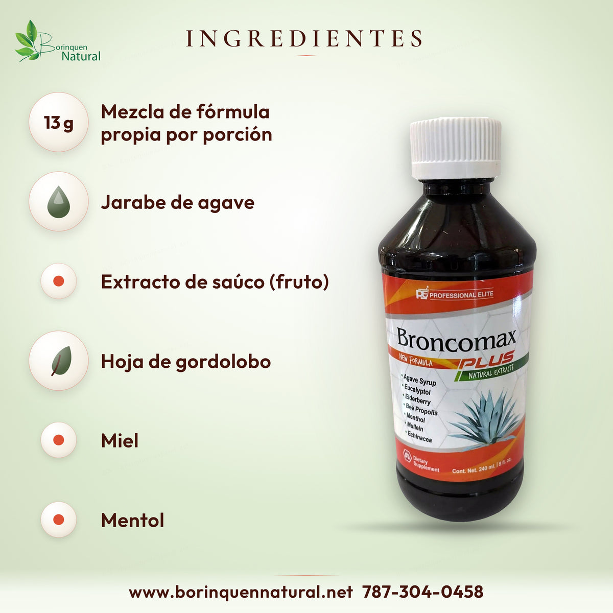 Broncomax Plus ingredients: 13 g blend with agave syrup, elderberry, mullein, honey and menthol