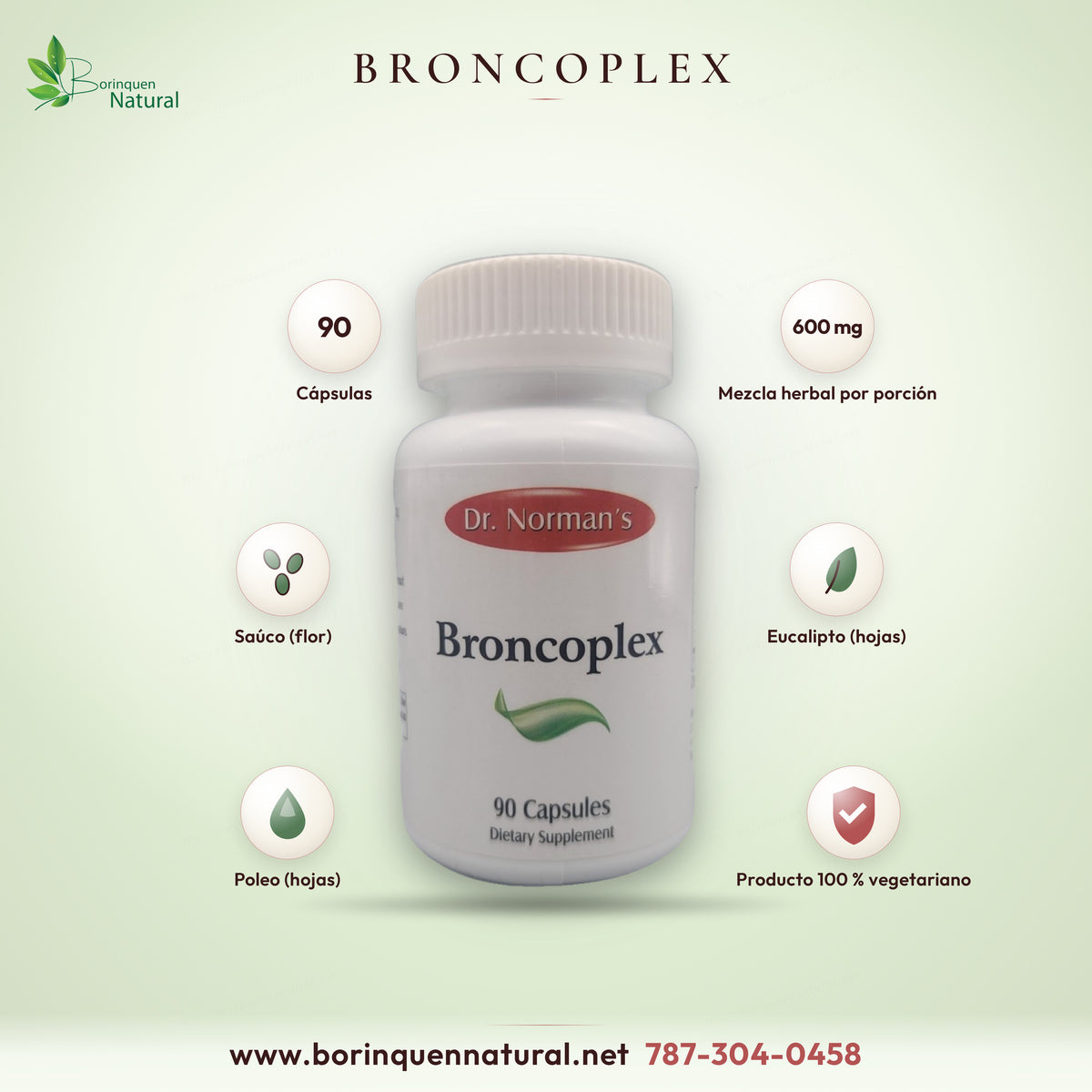 Broncoplex de Dr. Norman's, 90 cápsulas con mezcla herbal de flor de saúco, eucalipto y poleo, 600 mg por porción
