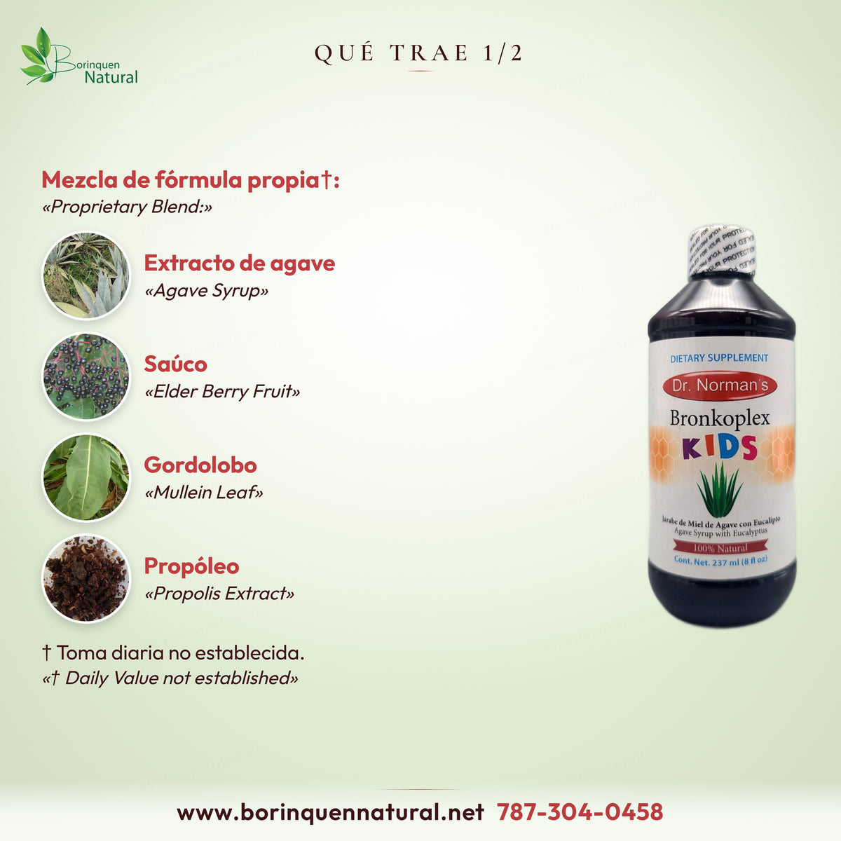 Qué trae Bronkoplex Kids, mezcla de fórmula propia 1/2: extracto de agave, saúco, gordolobo y propóleo