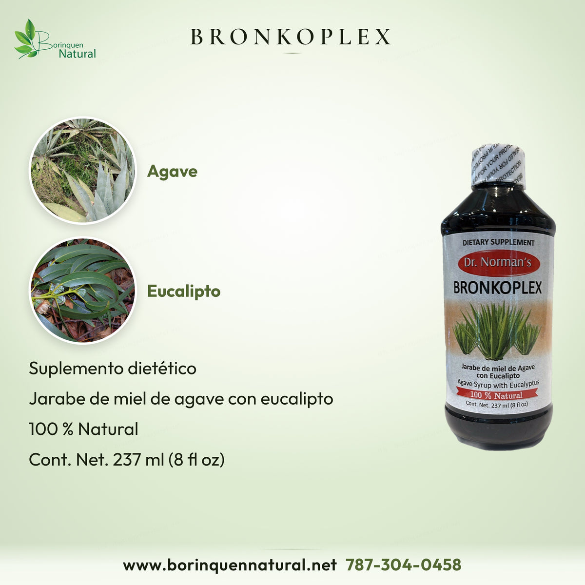 Bronkoplex: jarabe de miel de agave con eucalipto, 100 % natural, suplemento dietético de 237 ml (8 fl oz)