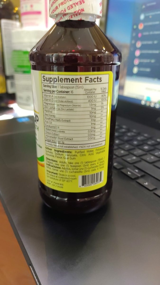 Bronqui Stop Jarabe 8 oz Irish: Miel, Mentol y Vitaminas A y D de Irish Supplements — vista posterior del envase