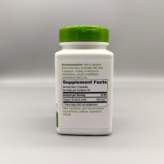 Raíz de Bardana Orgánica 860 mg Nature's Way, 100 Cápsulas — etiqueta con los ingredientes