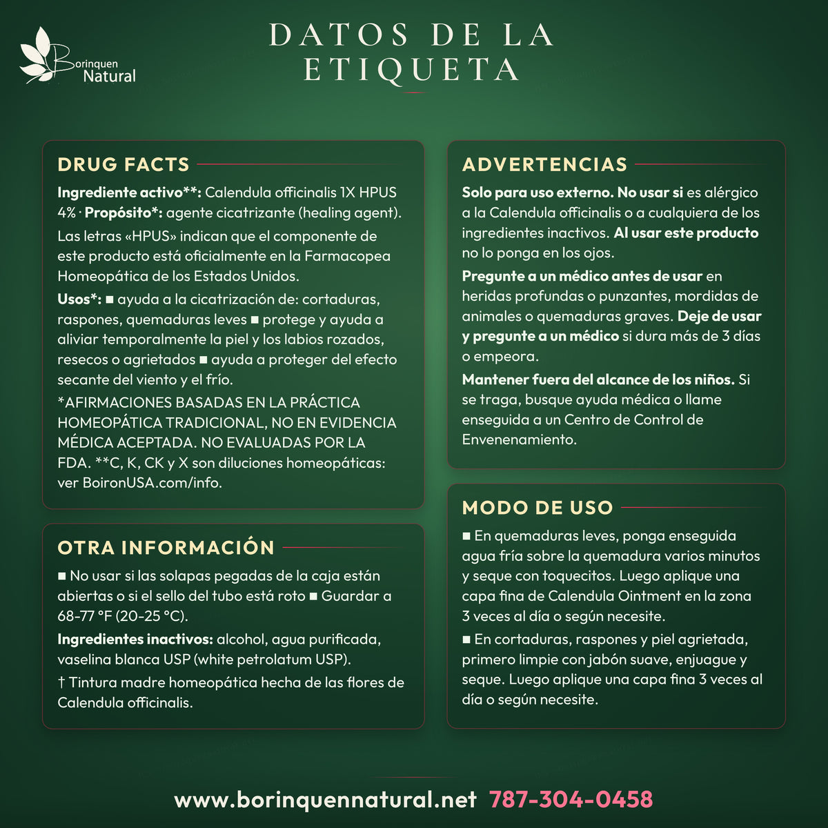 Drug Facts de la Calendula Ointment de Boiron: activo, usos, advertencias, modo de uso y otra información