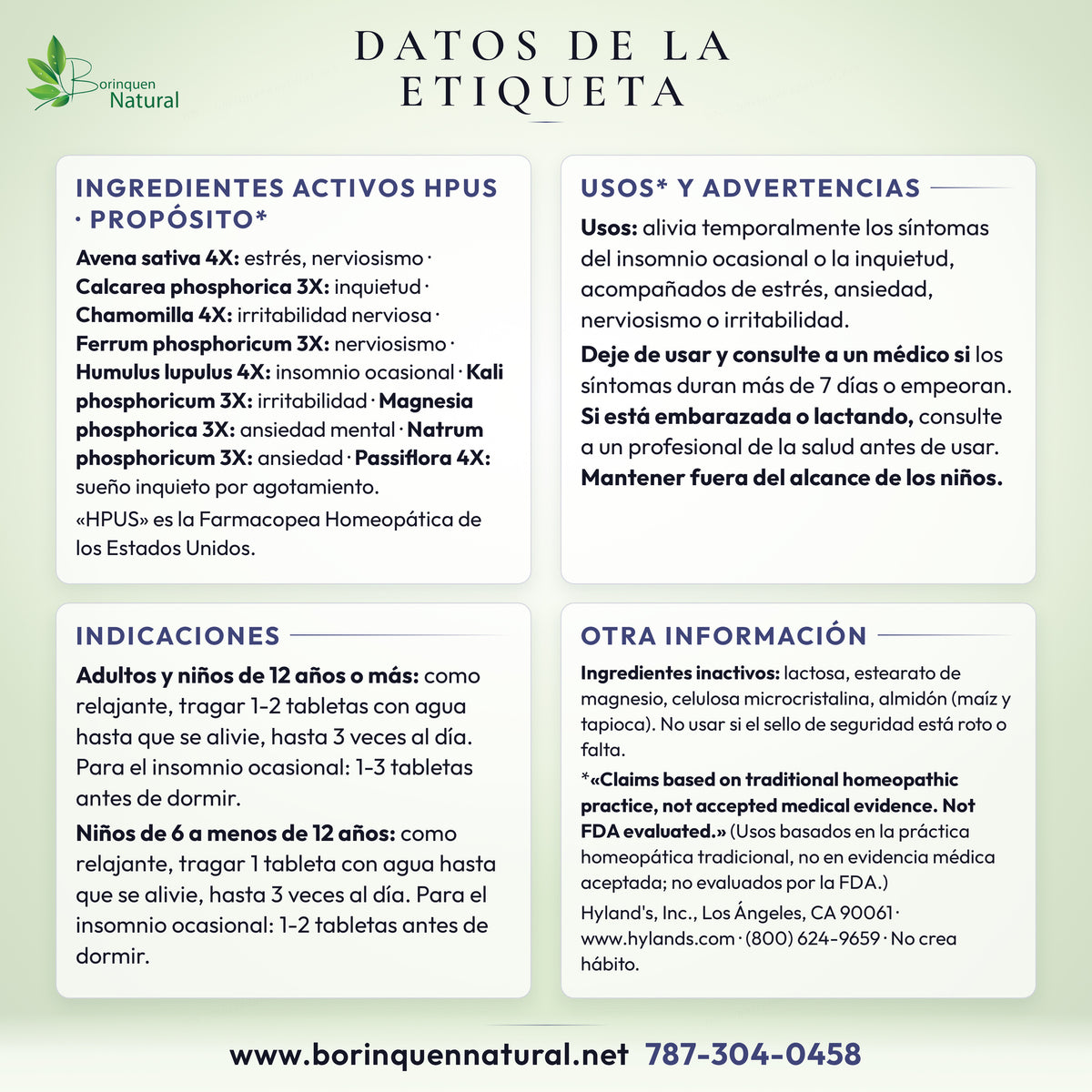 Datos de la etiqueta de Calms Forté de Hyland's: ingredientes activos, usos, advertencias e indicaciones