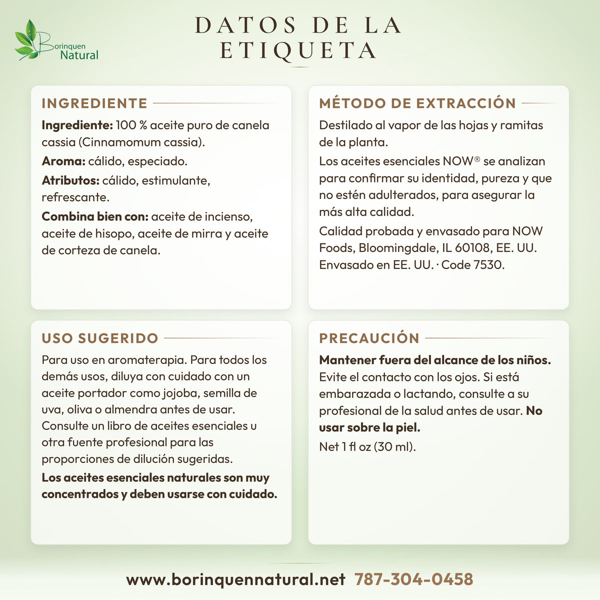 NOW cinnamon cassia oil label facts: ingredient, extraction, suggested use and caution