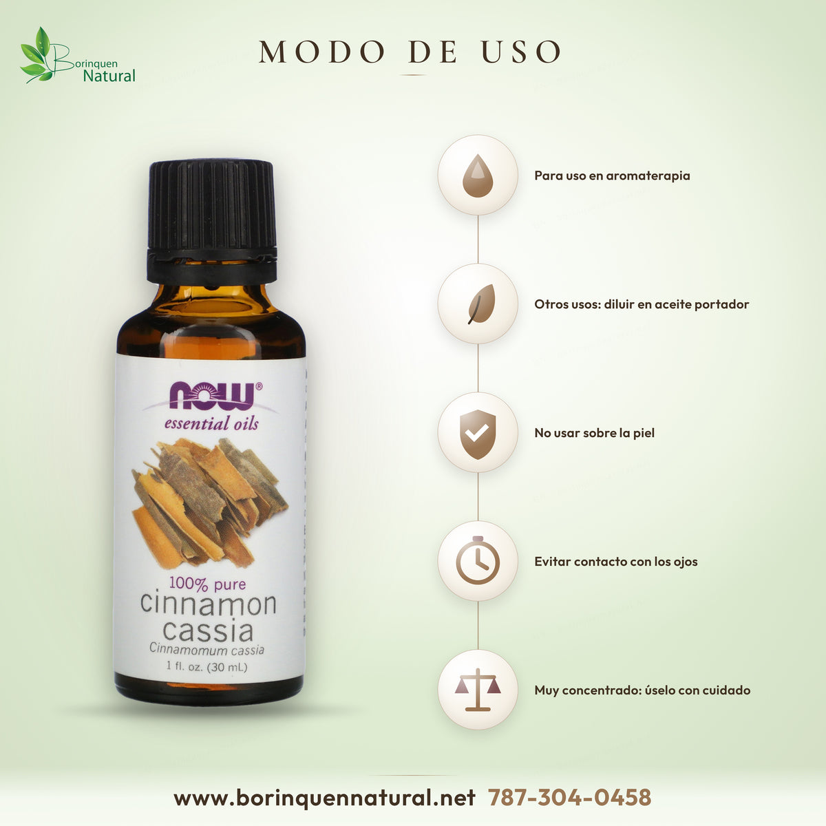 NOW cinnamon cassia oil directions: aromatherapy, dilute for other uses, do not use on skin