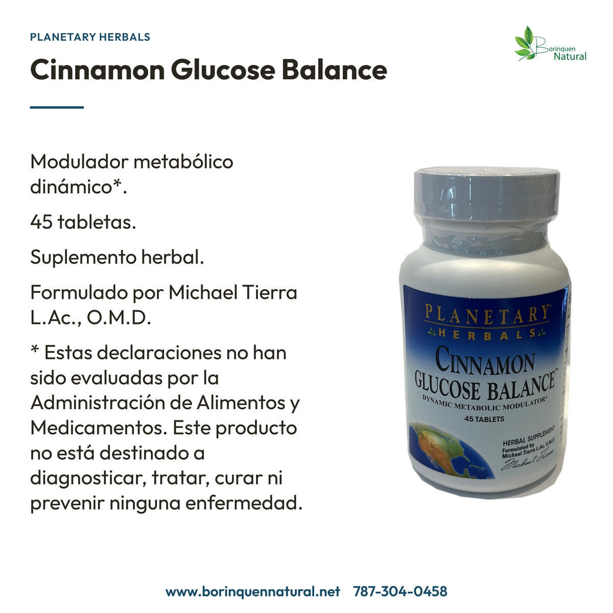 Cinnamon Glucose Balance: modulador metabólico dinámico, 45 tabletas y declaración con aviso de la FDA.