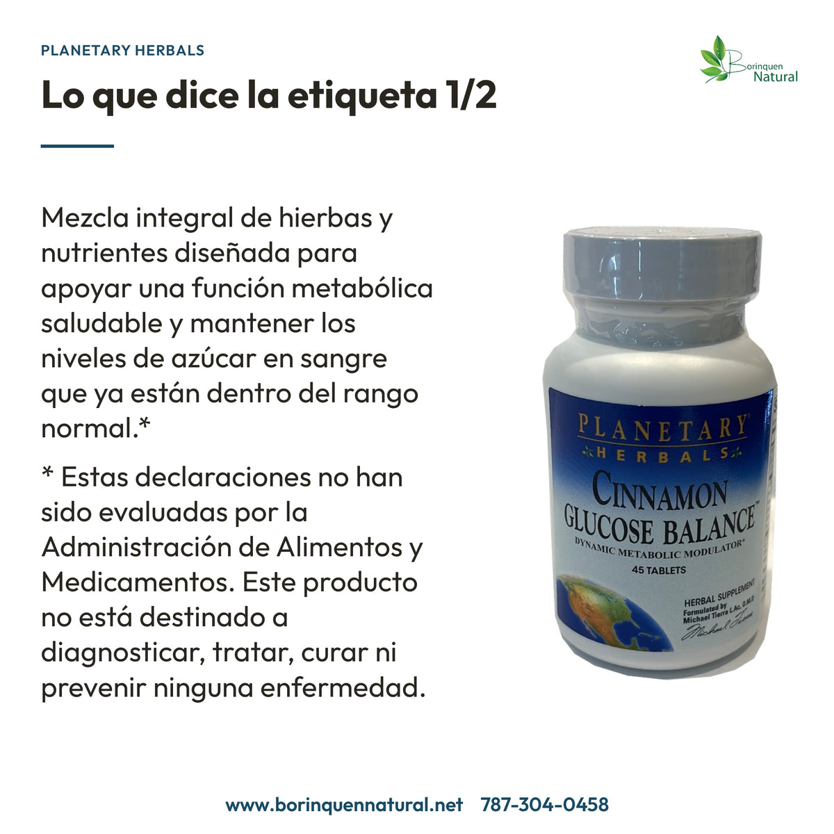 Lo que dice la etiqueta 1/2: apoyo a la función metabólica y niveles de azúcar ya normales, con aviso de la FDA.