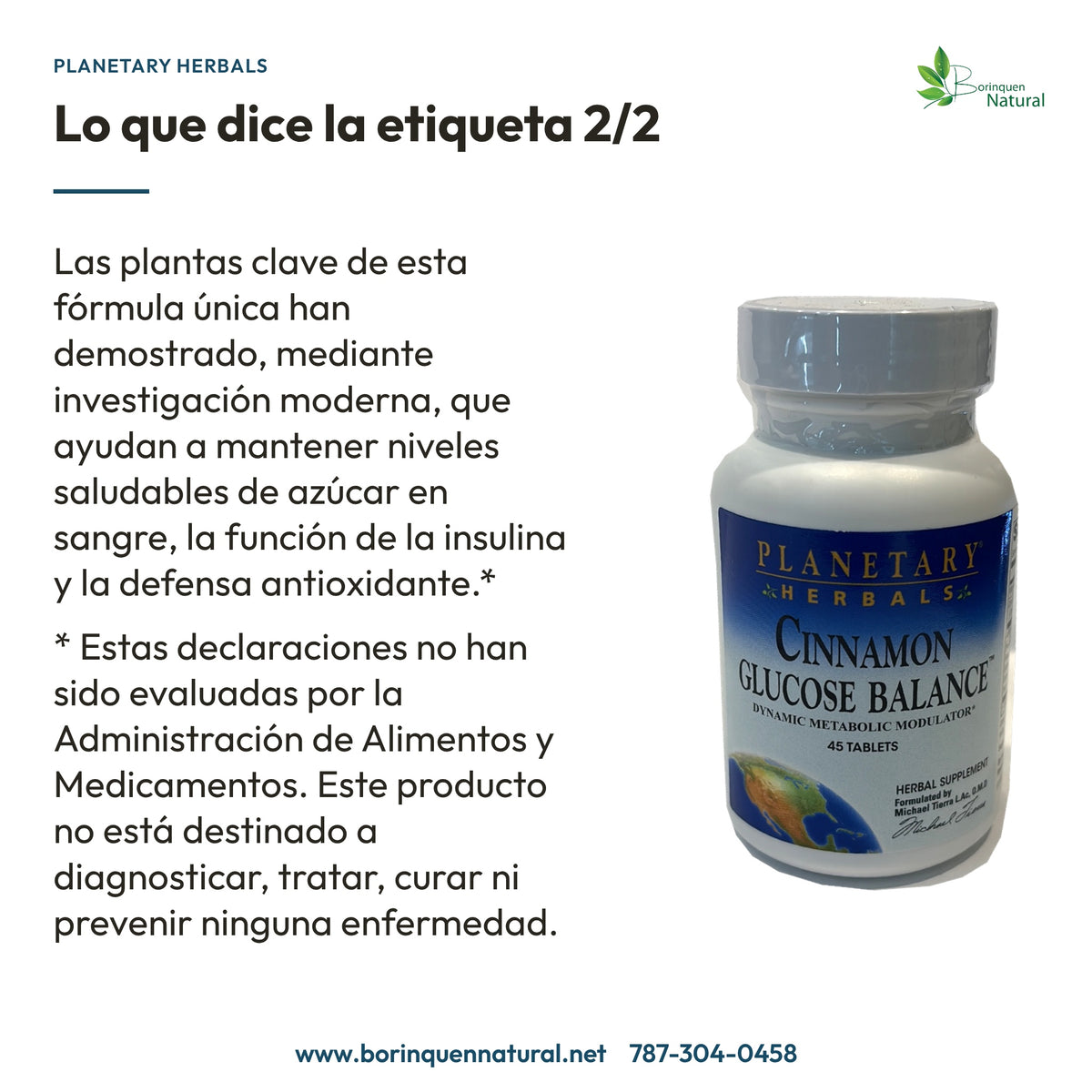 Lo que dice la etiqueta 2/2: niveles saludables de azúcar, función de la insulina y defensa antioxidante; aviso FDA.