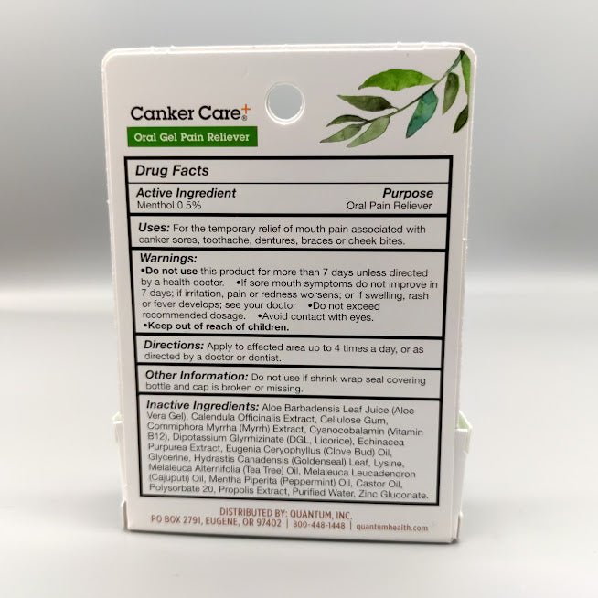 Canker Care+ Gel .33 oz de Quantum Health — etiqueta del producto