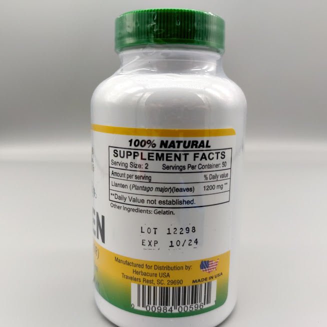 Cápsulas de Llantén - 600 Mg - 100 Capsules - Herbacure (foto de archivo)