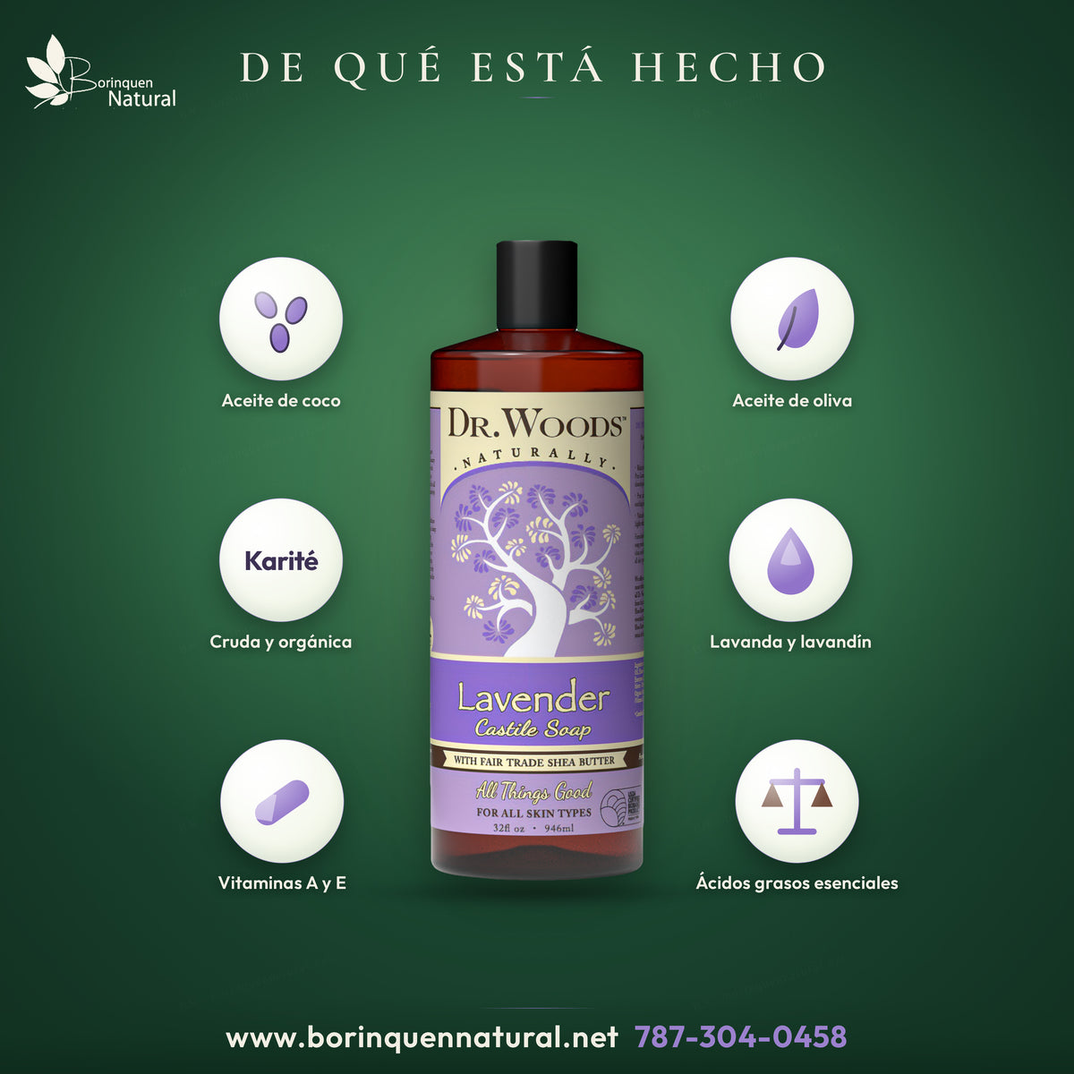 Composición del jabón de Castilla de lavanda: base de aceite de coco y oliva, manteca de karité orgánica y aceites esenciales de lavanda