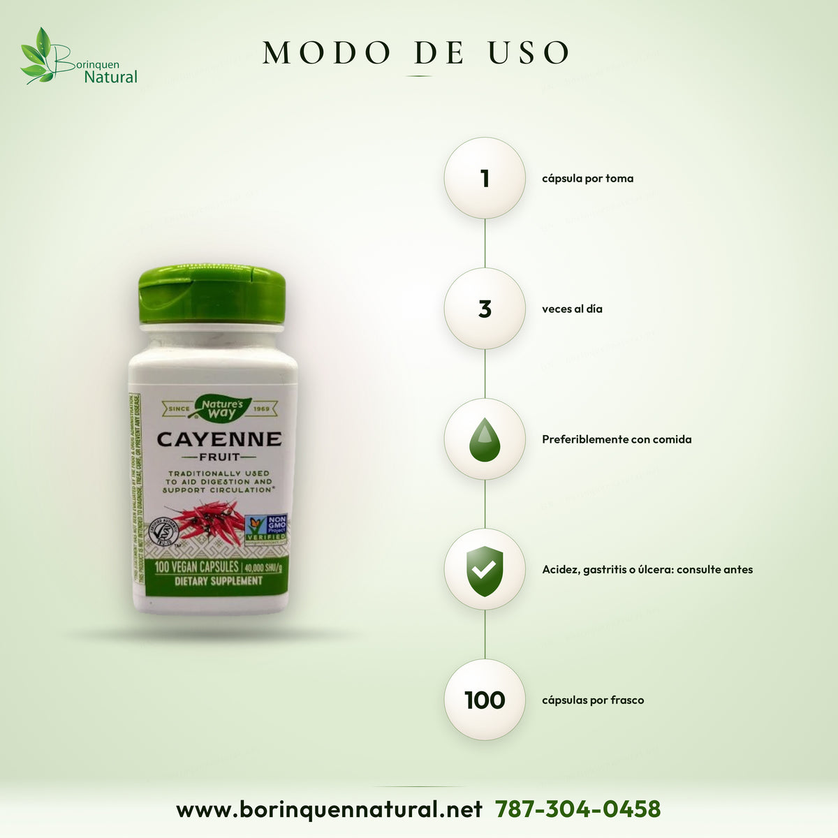 Modo de uso de la cayena de Nature's Way: 1 cápsula tres veces al día, preferiblemente con comida