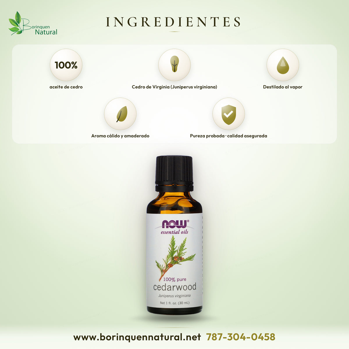 NOW cedarwood oil ingredients: 100% Virginian cedarwood oil (Juniperus virginiana), steam distilled