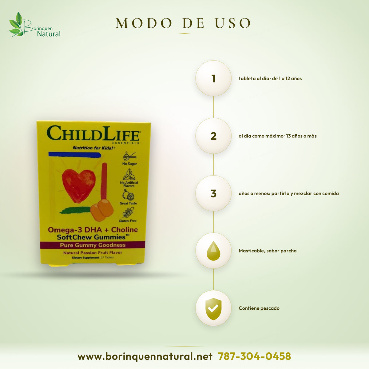 Omega-3 DHA + Colina ChildLife para Niños, 27 Masticables Sin Azúcar — etiqueta con los ingredientes