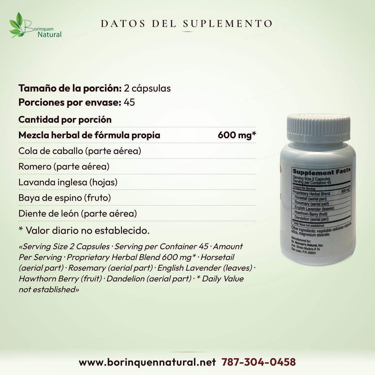 Datos del suplemento de Circuplex: porción de 2 cápsulas, 45 porciones, mezcla herbal de fórmula propia de 600 mg