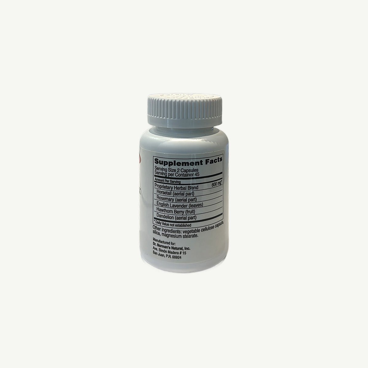 Frasco Circuplex Dr. Norman's, foto real: Supplement Facts, mezcla herbal de 600 mg, otros ingredientes y fabricante