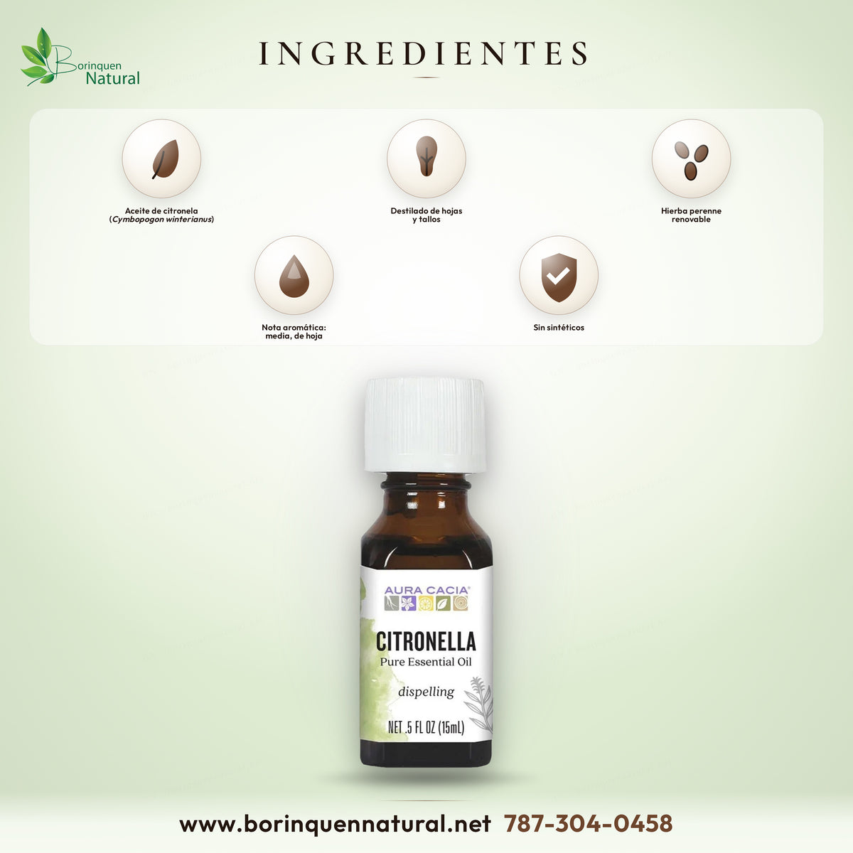 Ingredientes de la citronela Aura Cacia: aceite de citronela Cymbopogon winterianus, de hojas y tallos