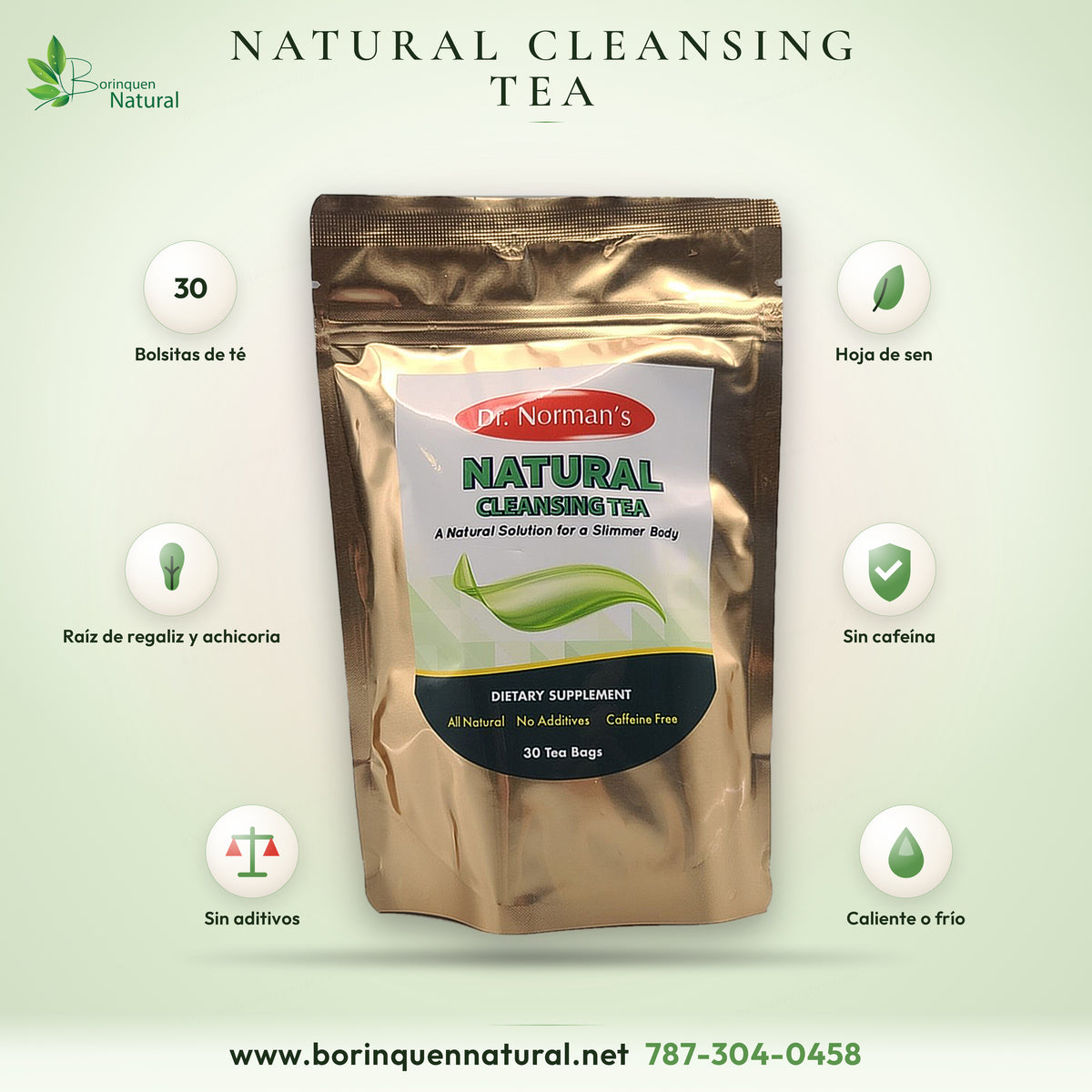 Natural Cleansing Tea de Dr. Norman's, bolsa dorada de 30 bolsitas de té con hoja de sen, regaliz y achicoria