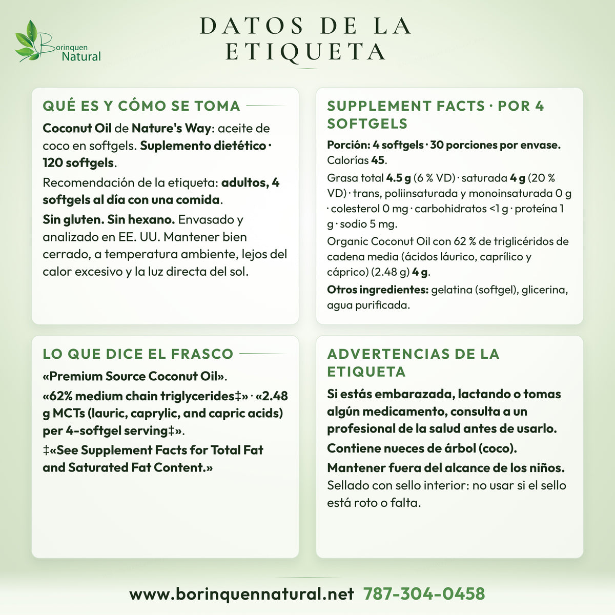 Datos de la etiqueta de Coconut Oil de Nature's Way: Supplement Facts, modo de uso, otros ingredientes, lo que dice el frasco y advertencias
