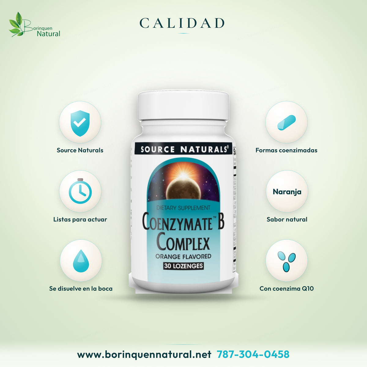 Source Naturals Coenzymate B Complex graphic: coenzyme forms, natural orange flavor, dissolves in the mouth