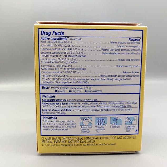 ColdCalm Baby Boiron, caja de 30 dosis líquidas para bebés de 6 meses — etiqueta con los ingredientes