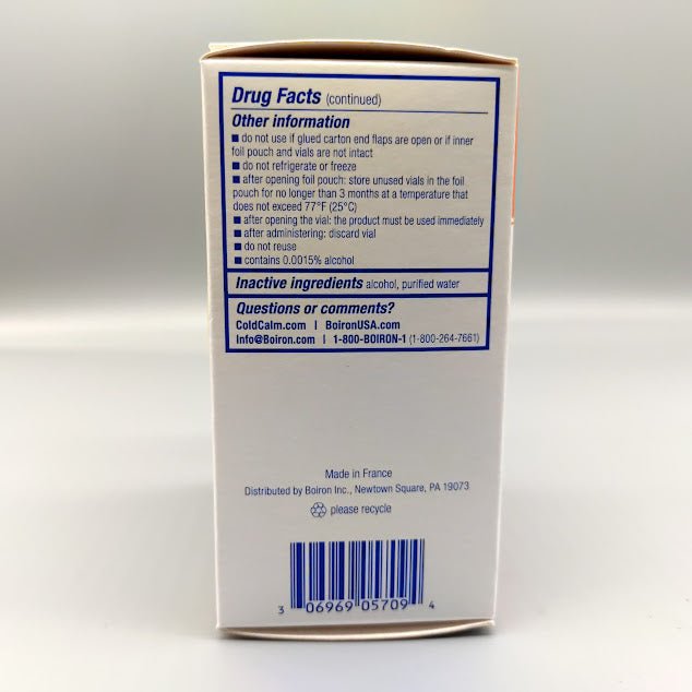 ColdCalm Baby Boiron, caja de 30 dosis líquidas para bebés de 6 meses — vista posterior del envase