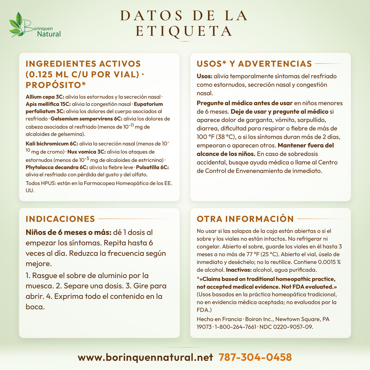 Datos de la etiqueta de ColdCalm Baby de Boiron: ingredientes activos, usos, advertencias e indicaciones