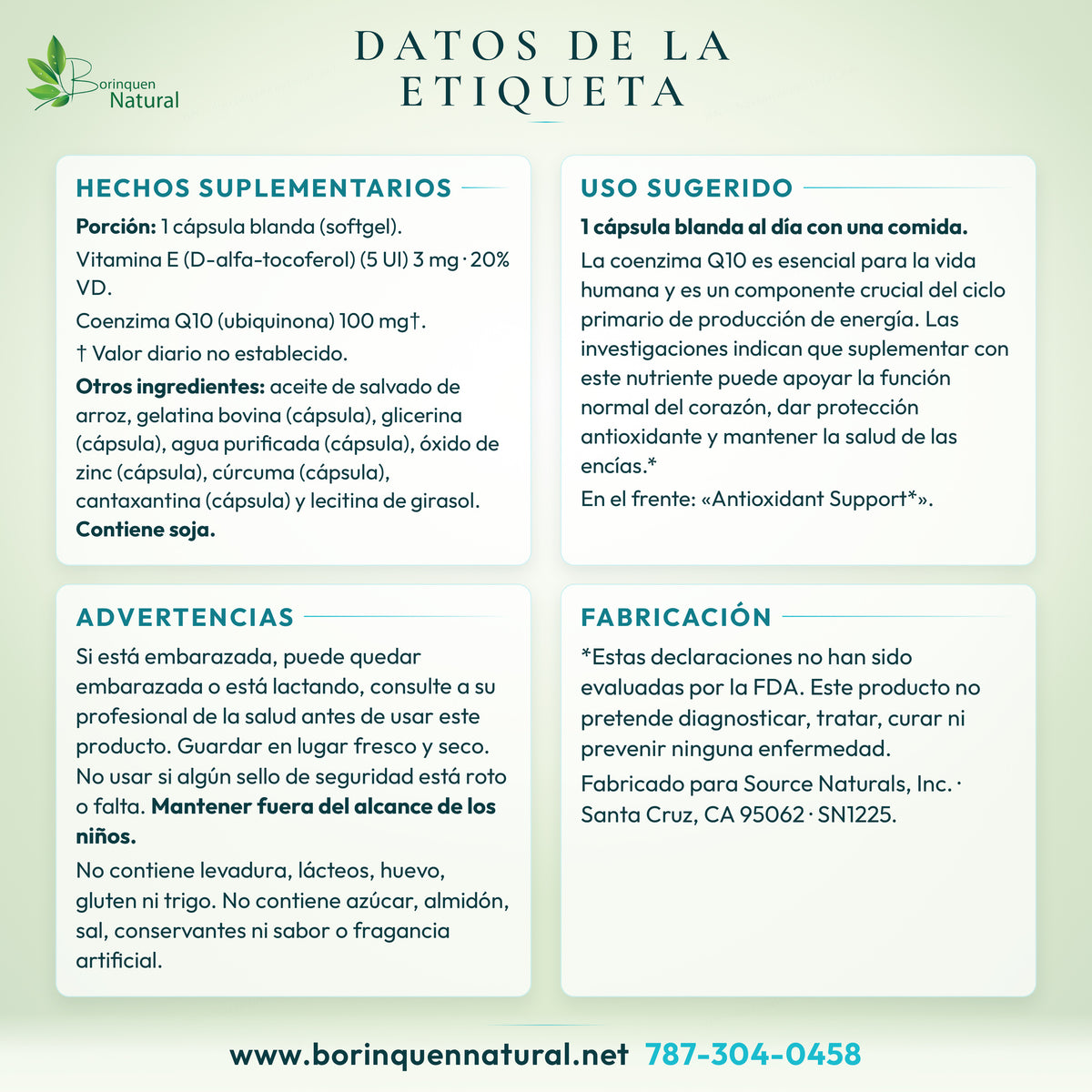 Datos de la etiqueta de la Coenzima Q10 de Source Naturals: hechos suplementarios, otros ingredientes, uso sugerido, advertencias y descargo de la FDA