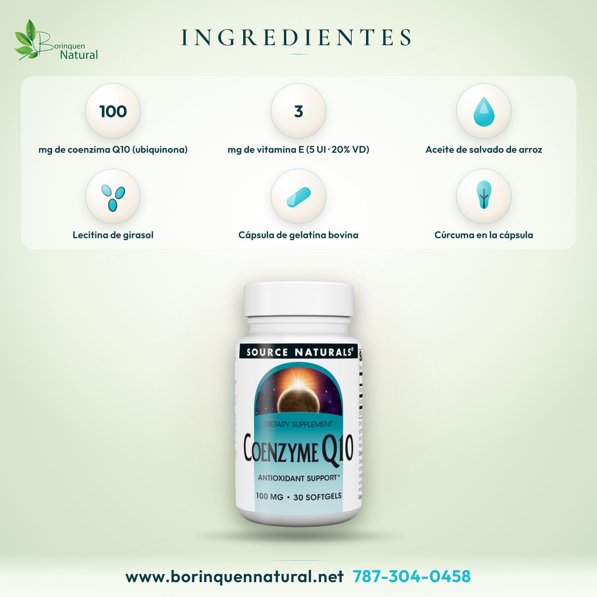 Ingredientes de la Coenzima Q10 de Source Naturals: 100 mg de coenzima Q10 (ubiquinona), 3 mg de vitamina E, aceite de salvado de arroz y lecitina de girasol