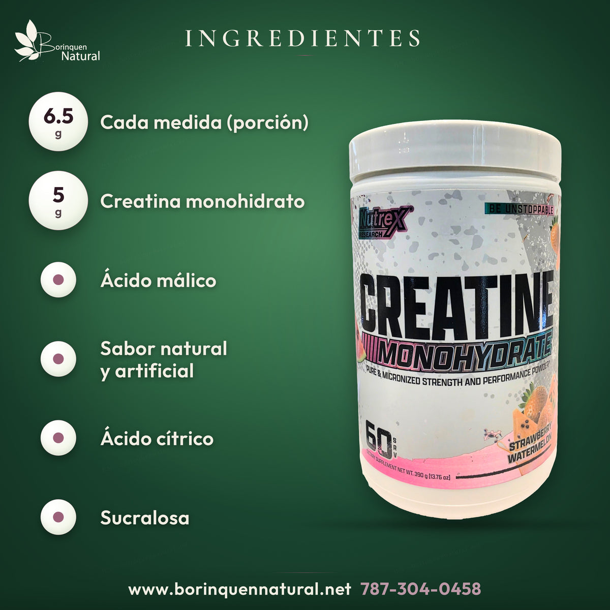 Ingredientes de la creatina Nutrex: 5 g de creatina por medida de 6.5 g, con ácido málico, ácido cítrico y sucralosa