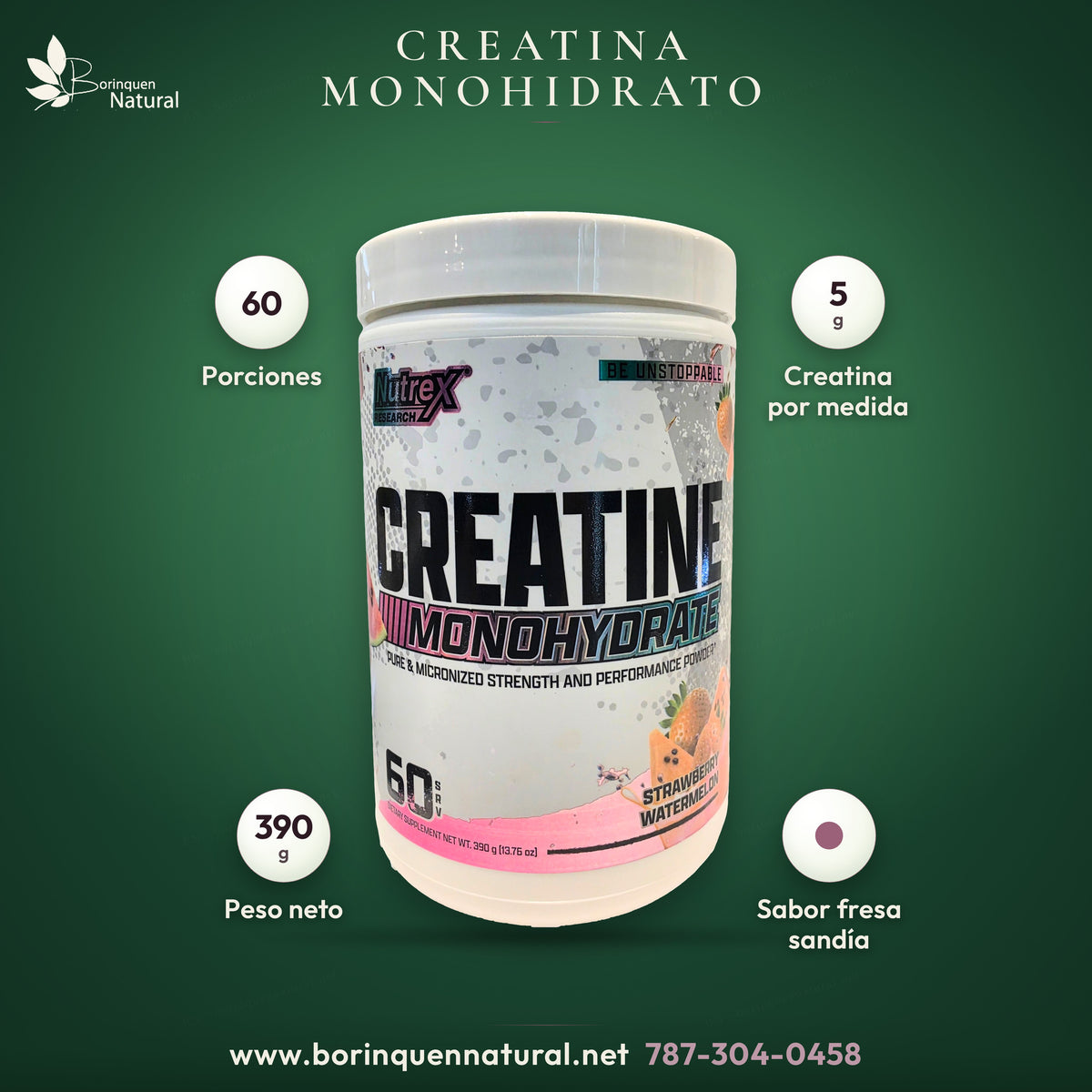 Creatina monohidrato micronizada de Nutrex Research sabor fresa sandía, envase de 390 g con 60 porciones