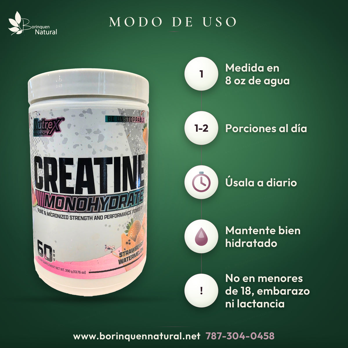 Modo de uso de la creatina Nutrex: 1 medida en 8 oz de agua, 1 a 2 porciones al día, a diario y bien hidratado