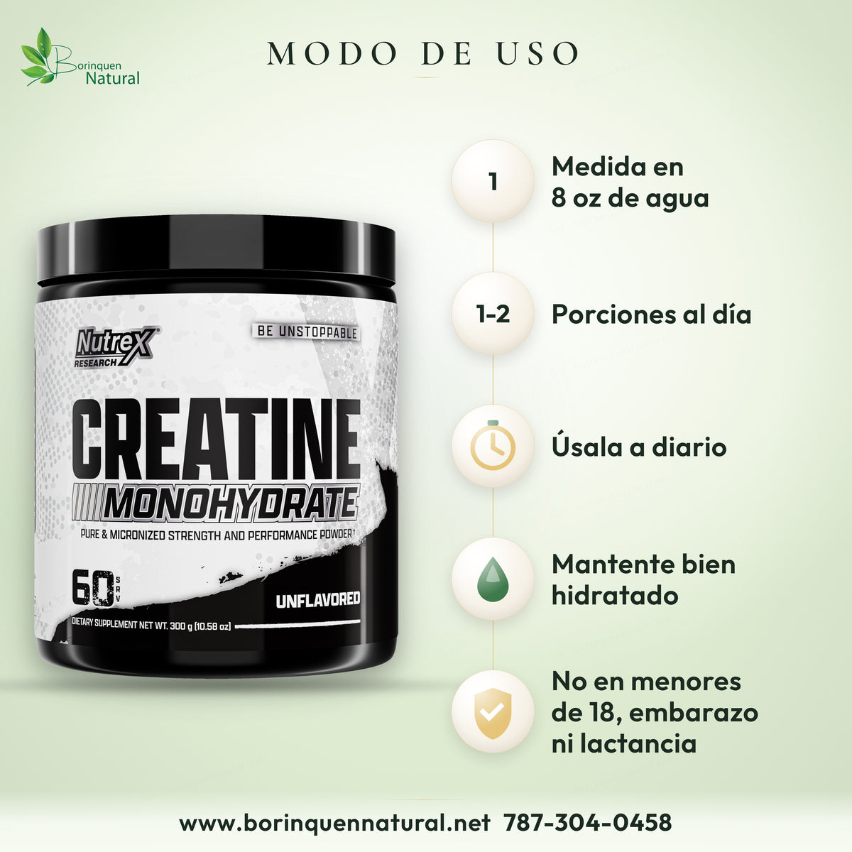 How to take Nutrex unflavored creatine: 1 scoop in 8 oz of water, 1 to 2 servings a day