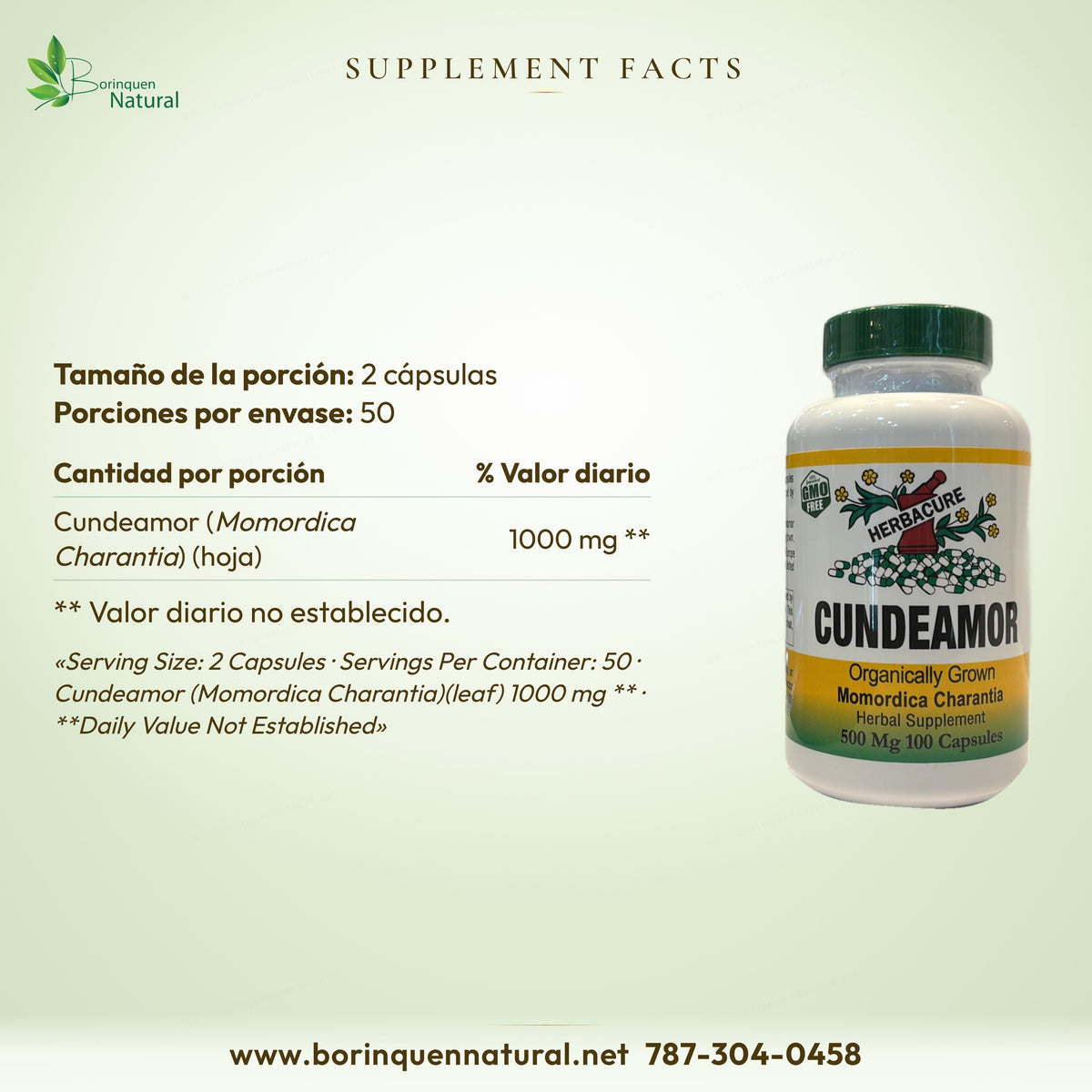 Supplement Facts del cundeamor Herbacure: porción de 2 cápsulas, 50 porciones, cundeamor (Momordica Charantia) (hoja) 1000 mg