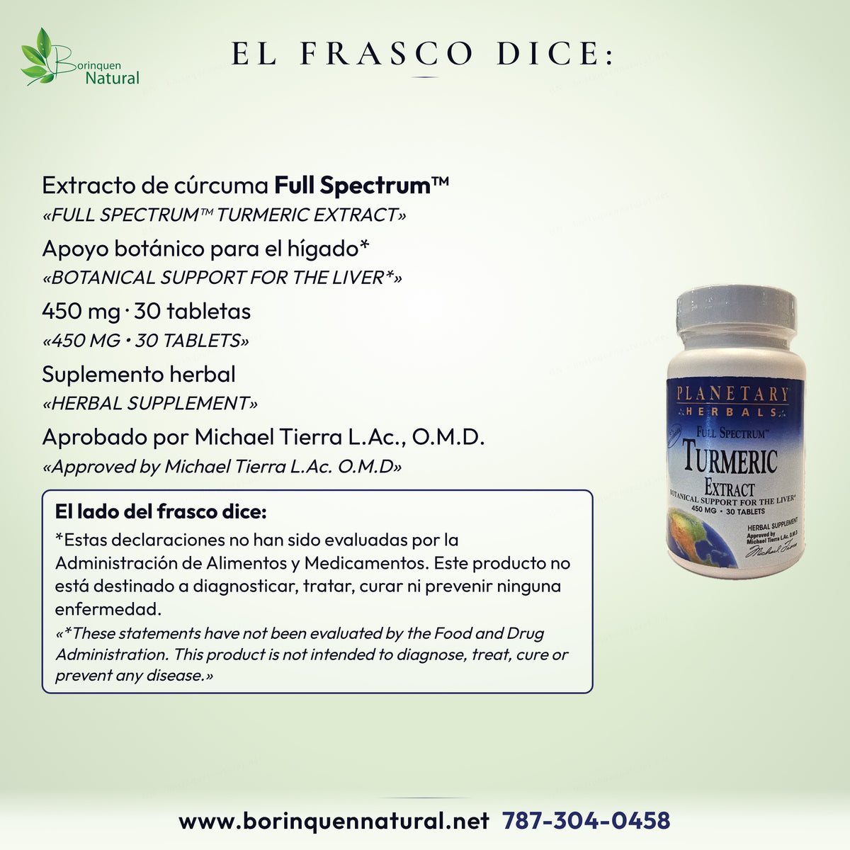 El frasco de Extracto de Cúrcuma Full Spectrum Planetary Herbals: apoyo botánico para el hígado, 450 mg, 30 tabletas