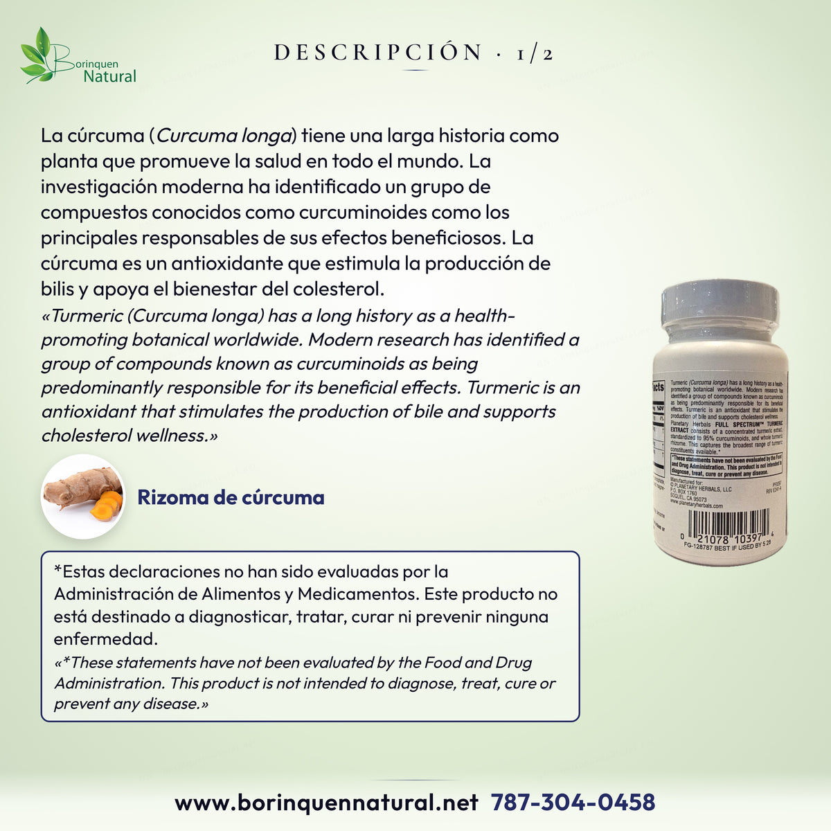 Descripción del lado del frasco de Extracto de Cúrcuma Planetary Herbals, con la foto del rizoma de cúrcuma