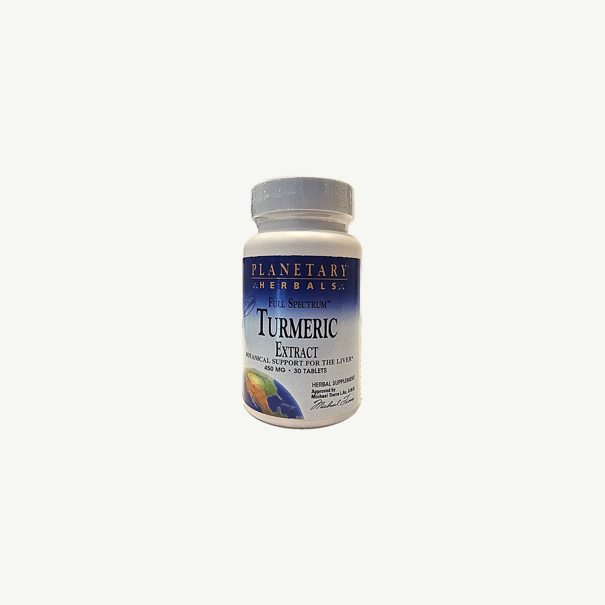 Foto real del frente del frasco de Extracto de Cúrcuma Full Spectrum Planetary Herbals, 450 mg, 30 tabletas