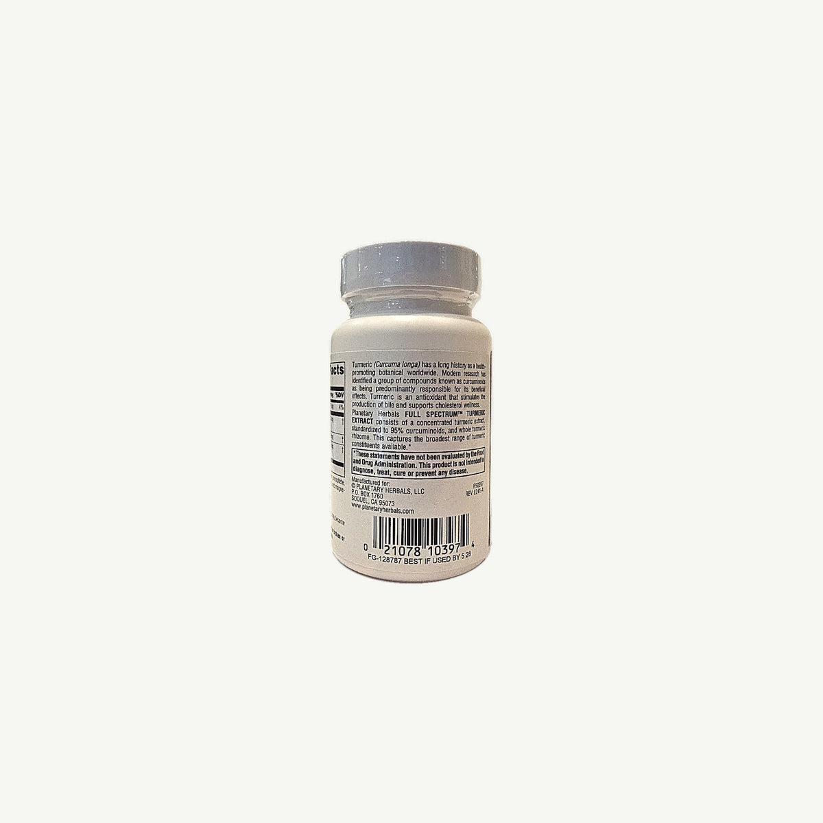 Foto real del lado del frasco de Extracto de Cúrcuma Planetary Herbals: descripción, fabricante, código y fecha