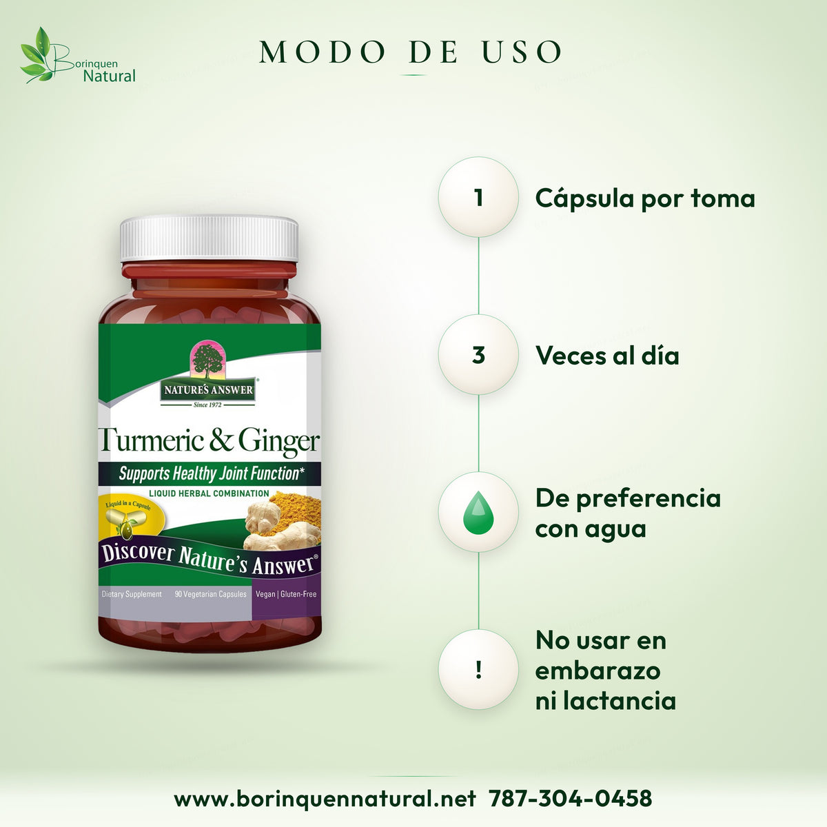 Modo de uso de Turmeric & Ginger de Nature's Answer: 1 cápsula tres veces al día, de preferencia con agua