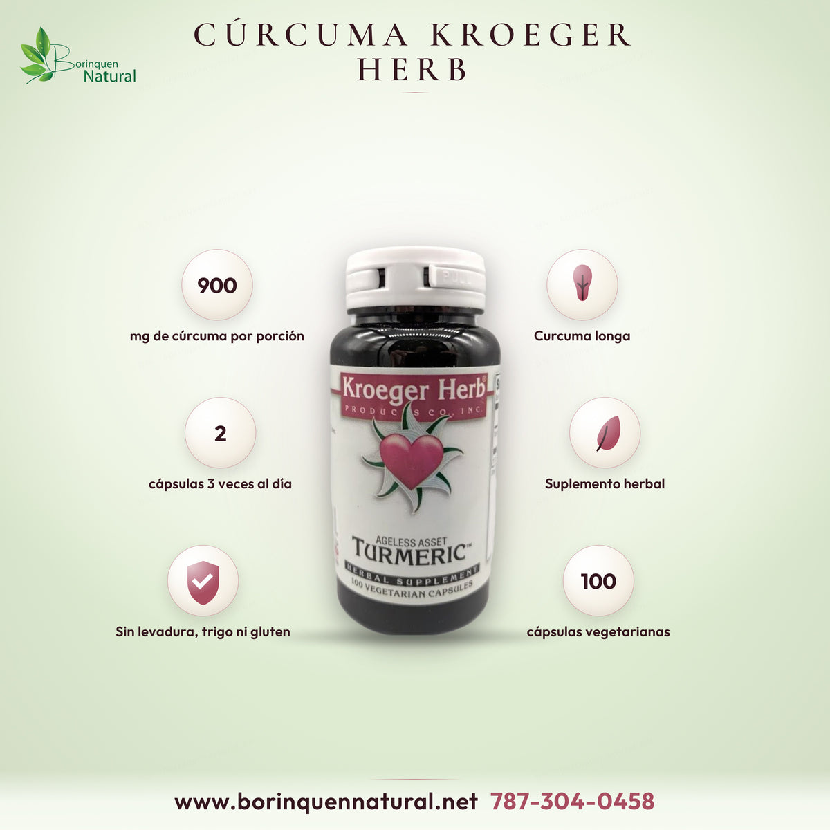 Ageless Asset Turmeric de Kroeger Herb, cúrcuma (Curcuma longa) 900 mg por porción, suplemento herbal en frasco de 100 cápsulas vegetarianas