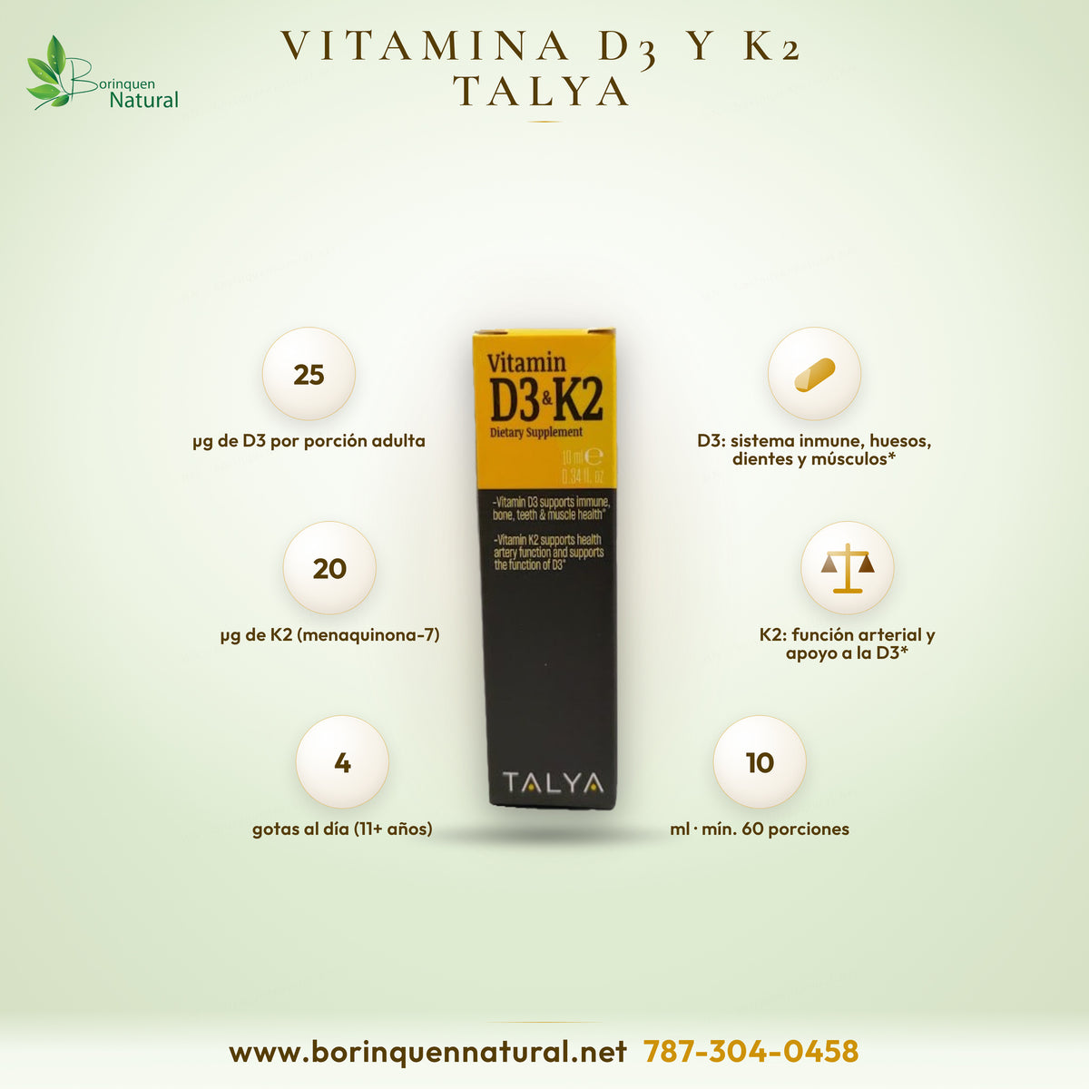 Vitamina D3 y K2 en gotas de Talya, suplemento dietético con aceite de oliva, caja de 10 ml (0.34 fl oz)