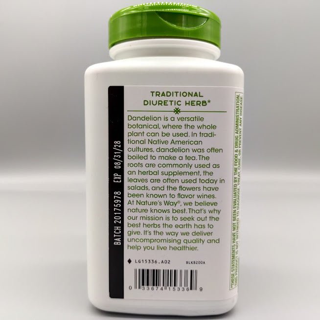 Etiqueta anterior de Dandelion Root: Traditional Diuretic Herb* y código de barras