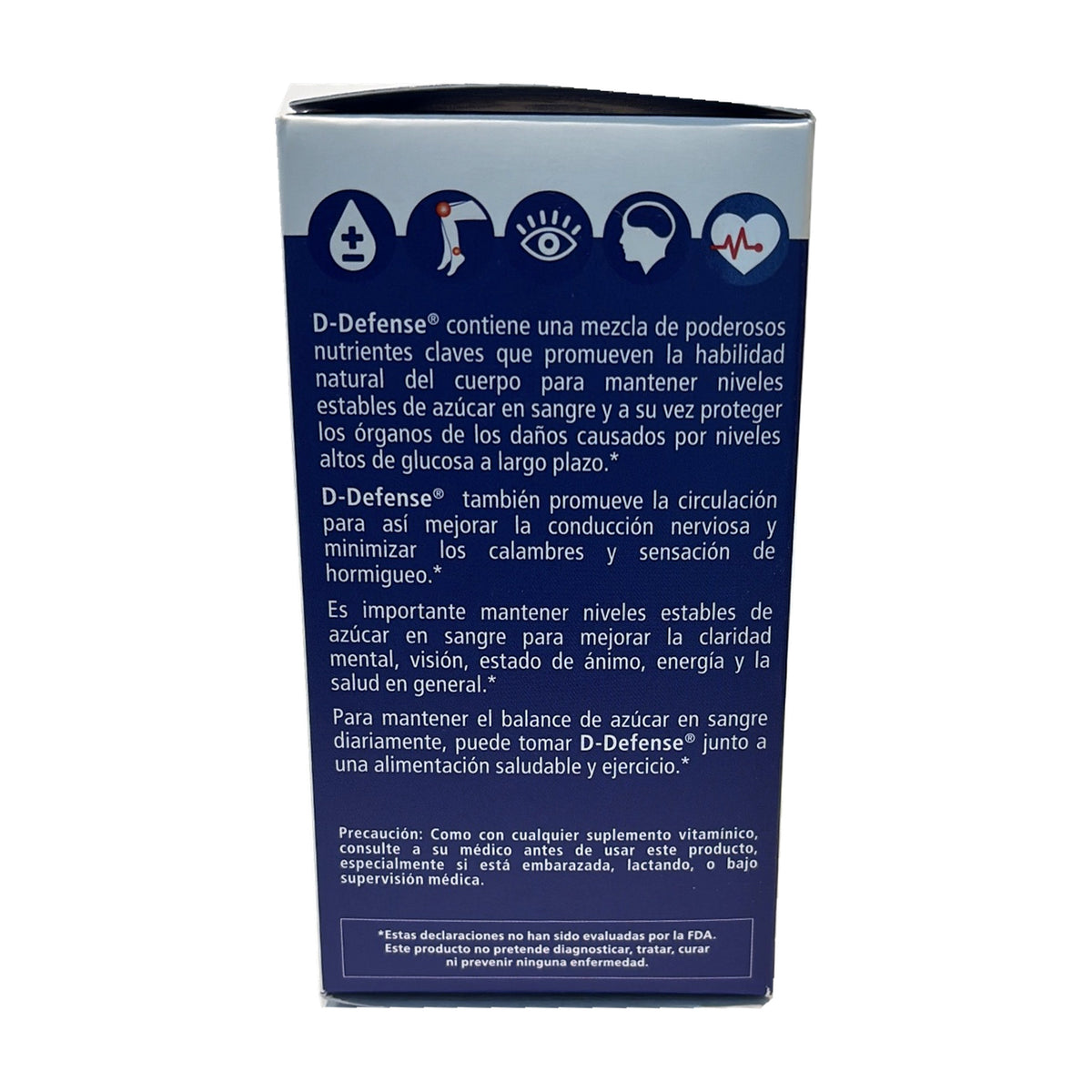 Costado en español de D-Defense: lo que dice la caja, precaución y aviso de la FDA.