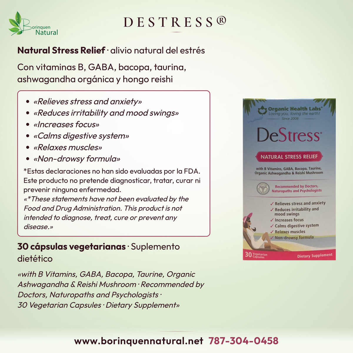 DeStress de Organic Health Labs, Natural Stress Relief: vitaminas B, GABA, bacopa, taurina, ashwagandha y reishi, 30 cápsulas