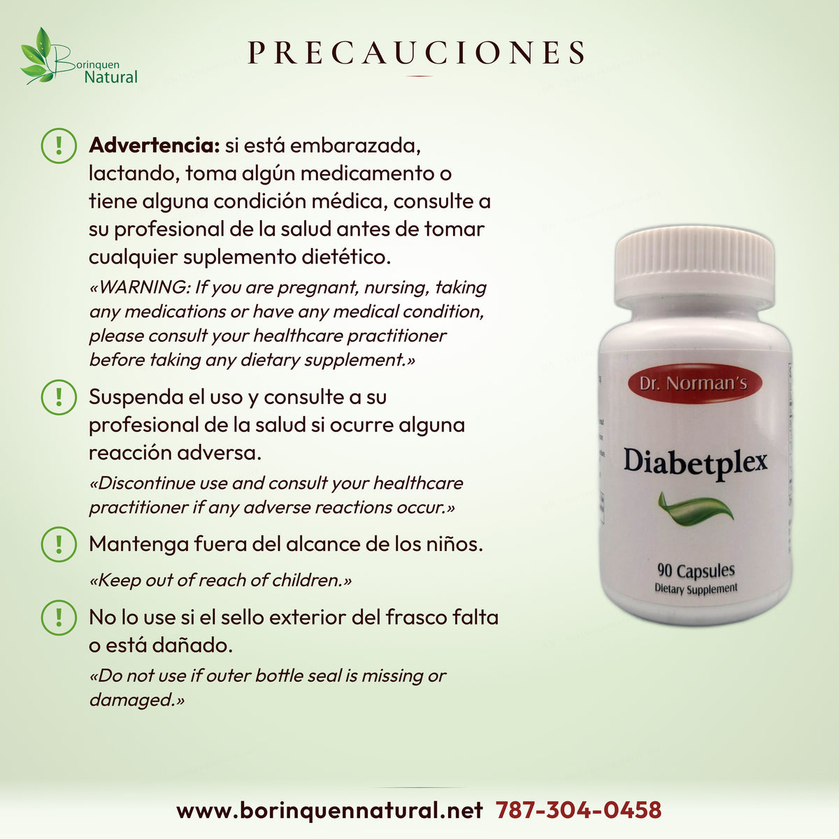 Precauciones de Diabetplex: consulte si está embarazada o toma medicamentos, lejos de los niños, no use si falta el sello