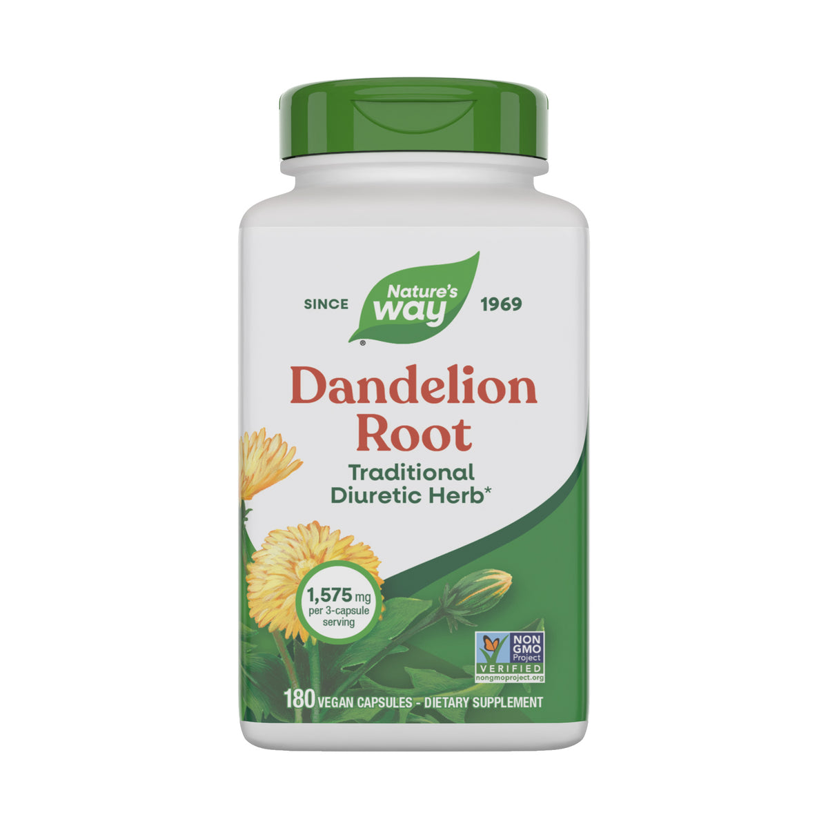 Frasco de Dandelion Root (raíz de diente de león) de Nature's Way, 1575 mg por porción, 180 cápsulas veganas, frente