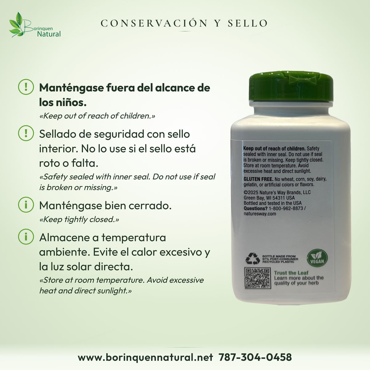 Conservación del diente de león Nature's Way: fuera del alcance de los niños, sello interior y temperatura ambiente