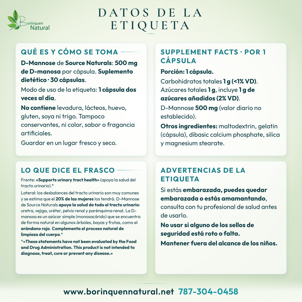 Datos de la etiqueta de D-Mannose de Source Naturals: Supplement Facts, modo de uso, otros ingredientes, lo que dice el frasco y advertencias
